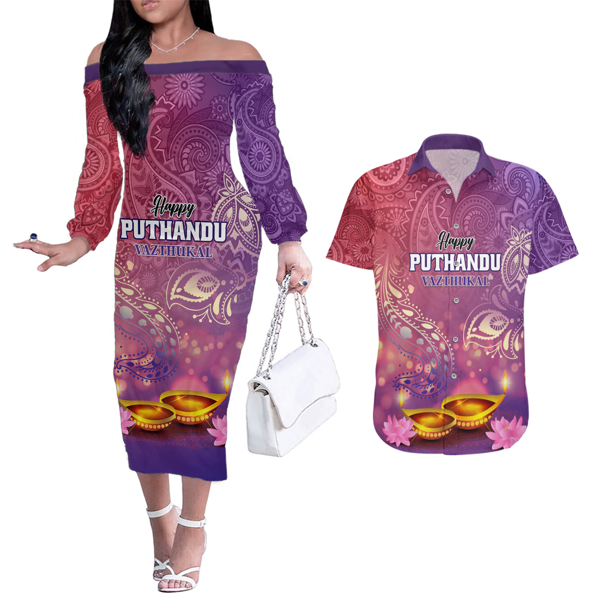 Puthandu Vazthukal 2024 Couples Matching Off The Shoulder Long Sleeve Dress and Hawaiian Shirt Happy Tamil New Year - Wonder Print Shop