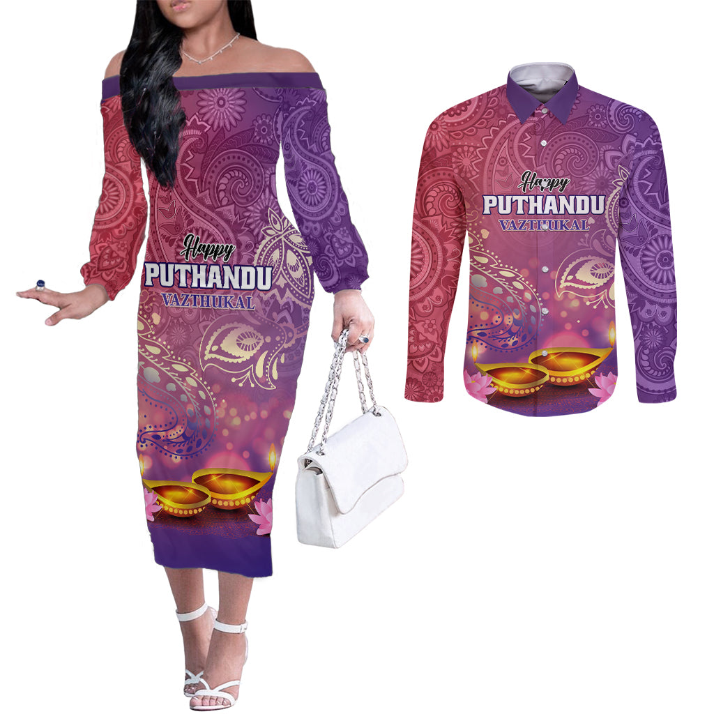 Puthandu Vazthukal 2024 Couples Matching Off The Shoulder Long Sleeve Dress and Long Sleeve Button Shirt Happy Tamil New Year