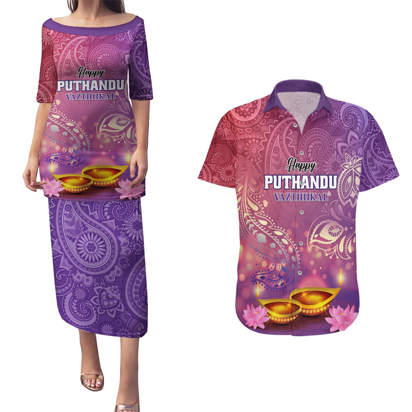 Puthandu Vazthukal 2024 Couples Matching Puletasi and Hawaiian Shirt Happy Tamil New Year - Wonder Print Shop