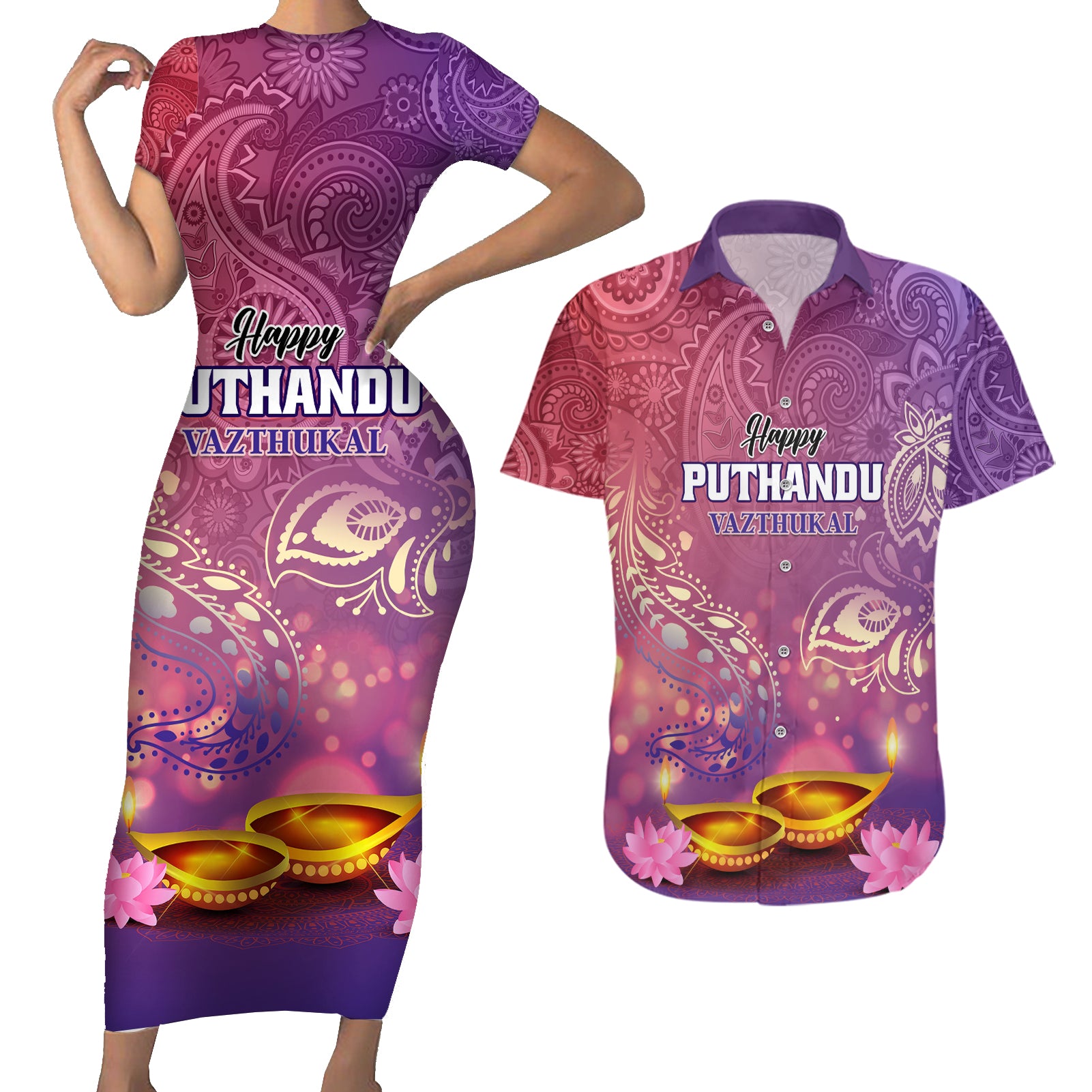 Puthandu Vazthukal 2024 Couples Matching Short Sleeve Bodycon Dress and Hawaiian Shirt Happy Tamil New Year - Wonder Print Shop