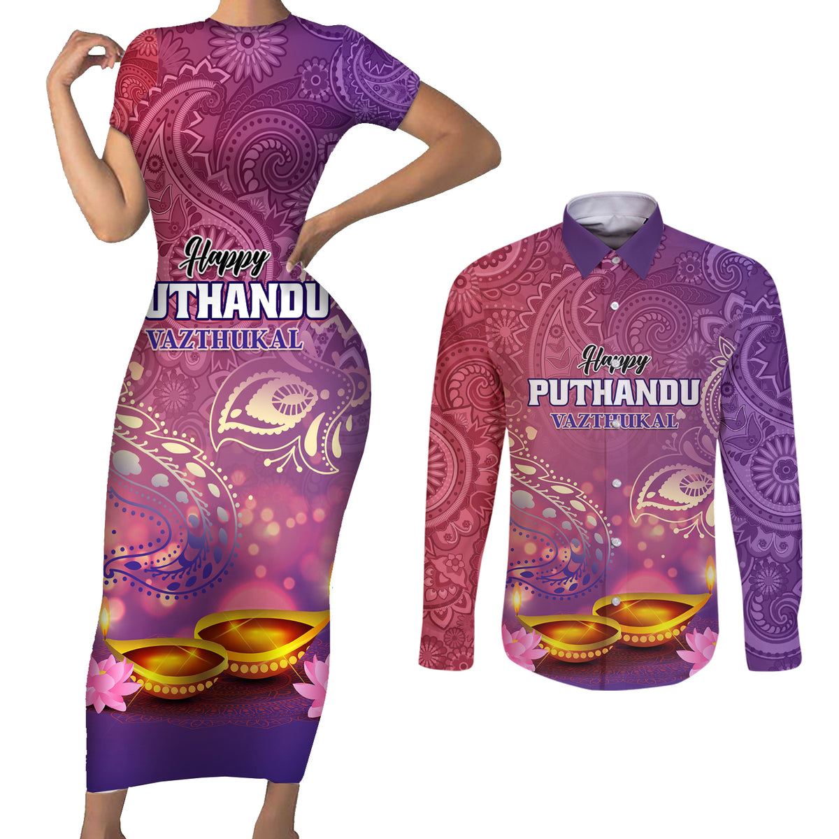 Puthandu Vazthukal 2024 Couples Matching Short Sleeve Bodycon Dress and Long Sleeve Button Shirt Happy Tamil New Year - Wonder Print Shop