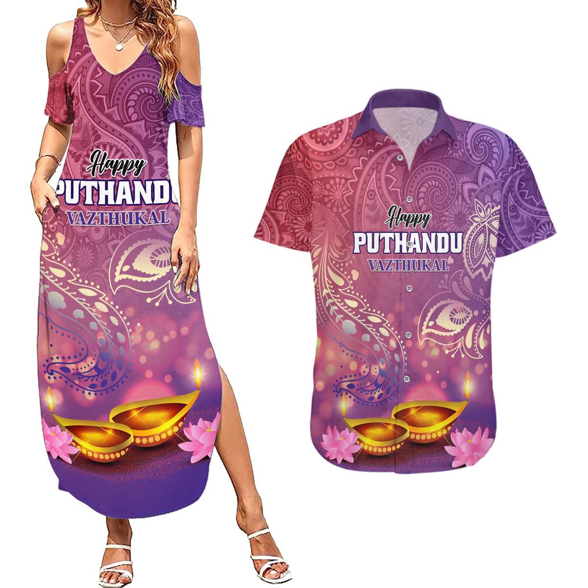 Puthandu Vazthukal 2024 Couples Matching Summer Maxi Dress and Hawaiian Shirt Happy Tamil New Year - Wonder Print Shop