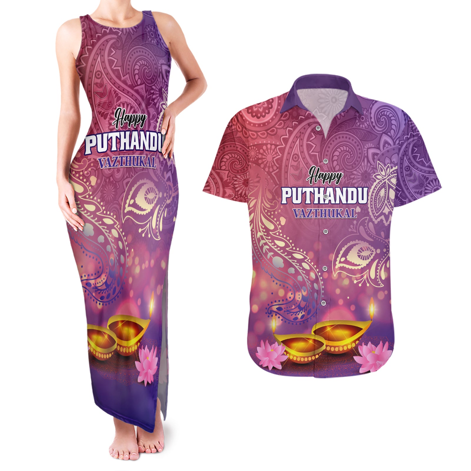 Puthandu Vazthukal 2024 Couples Matching Tank Maxi Dress and Hawaiian Shirt Happy Tamil New Year - Wonder Print Shop