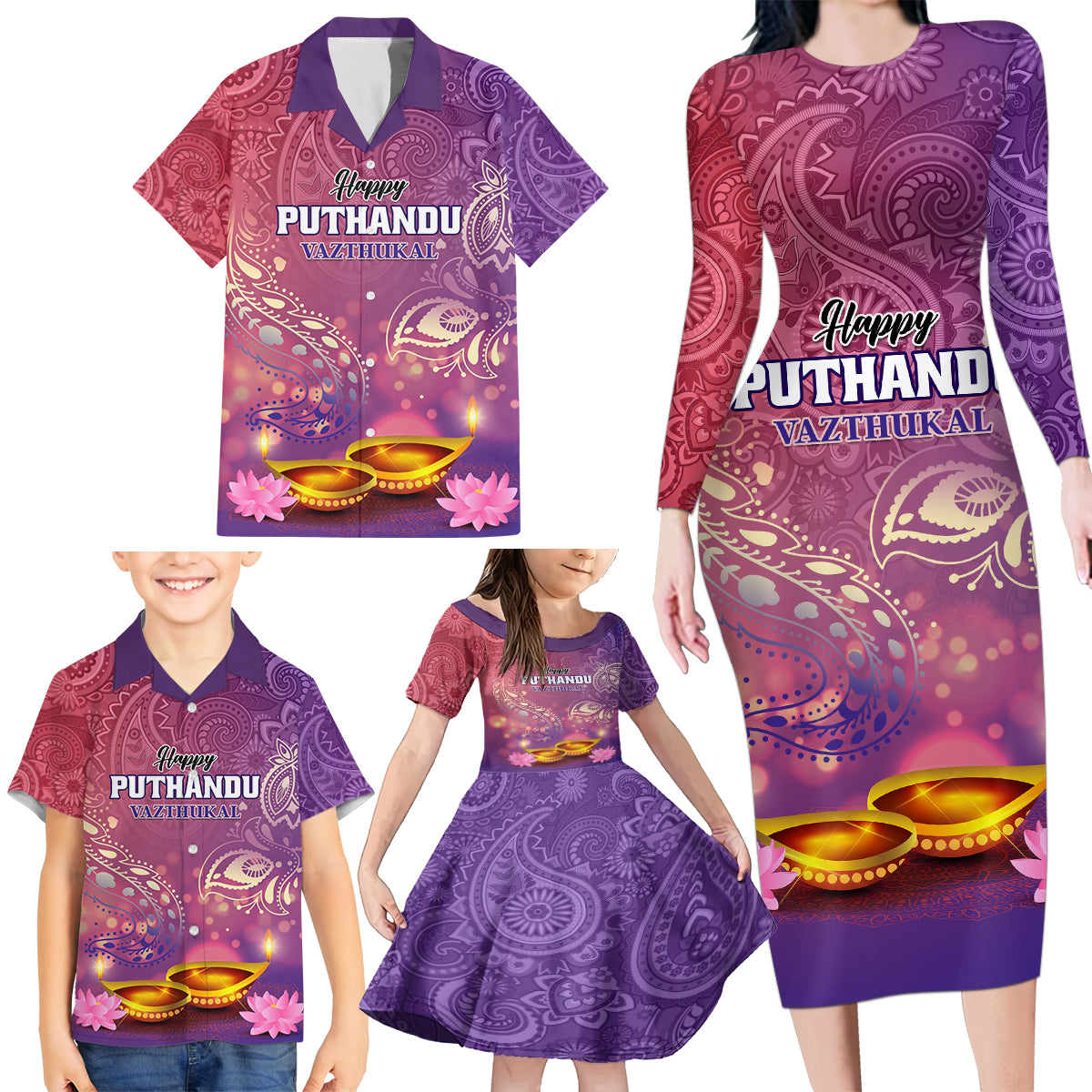 Puthandu Vazthukal 2024 Family Matching Long Sleeve Bodycon Dress and Hawaiian Shirt Happy Tamil New Year - Wonder Print Shop