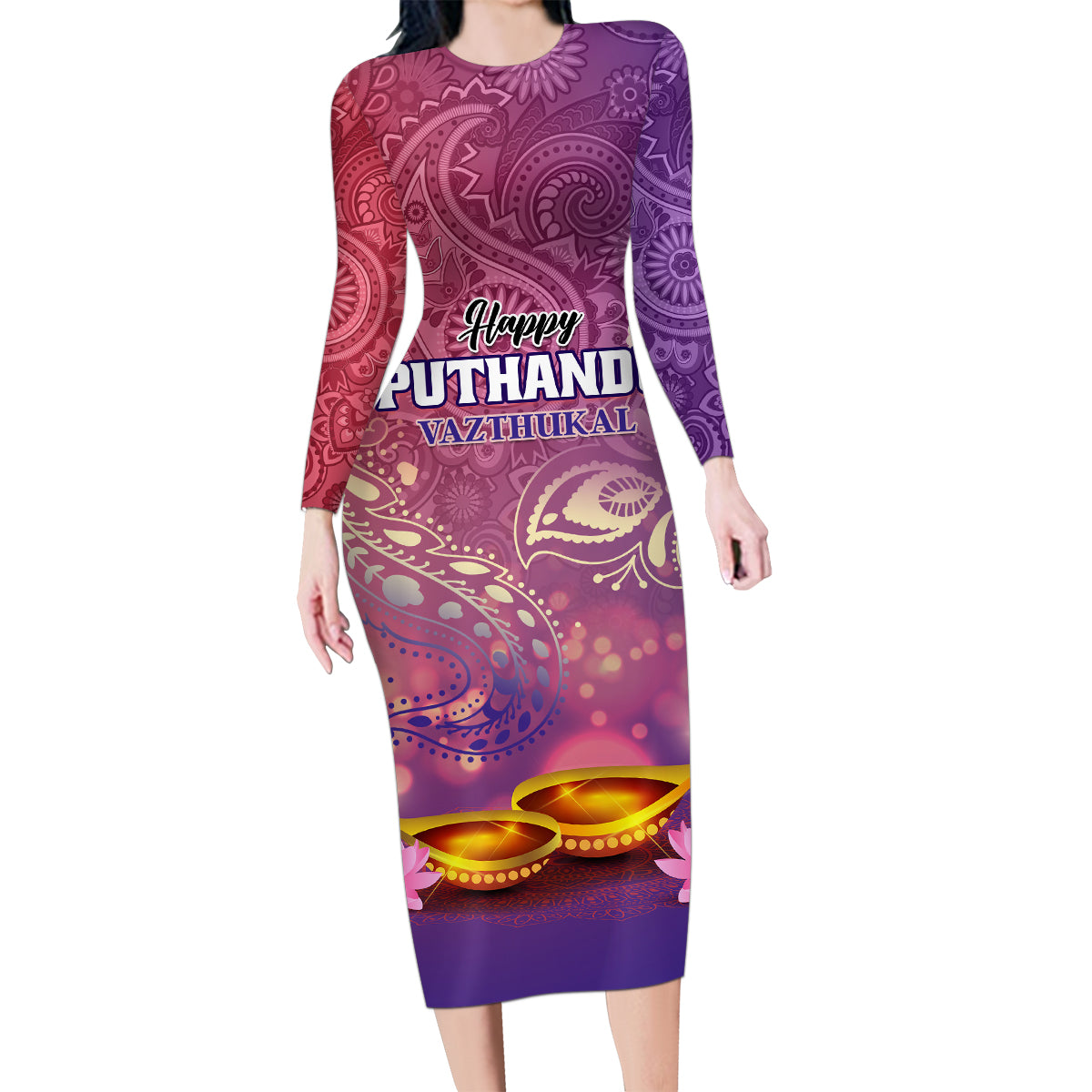 Puthandu Vazthukal 2024 Family Matching Long Sleeve Bodycon Dress and Hawaiian Shirt Happy Tamil New Year - Wonder Print Shop