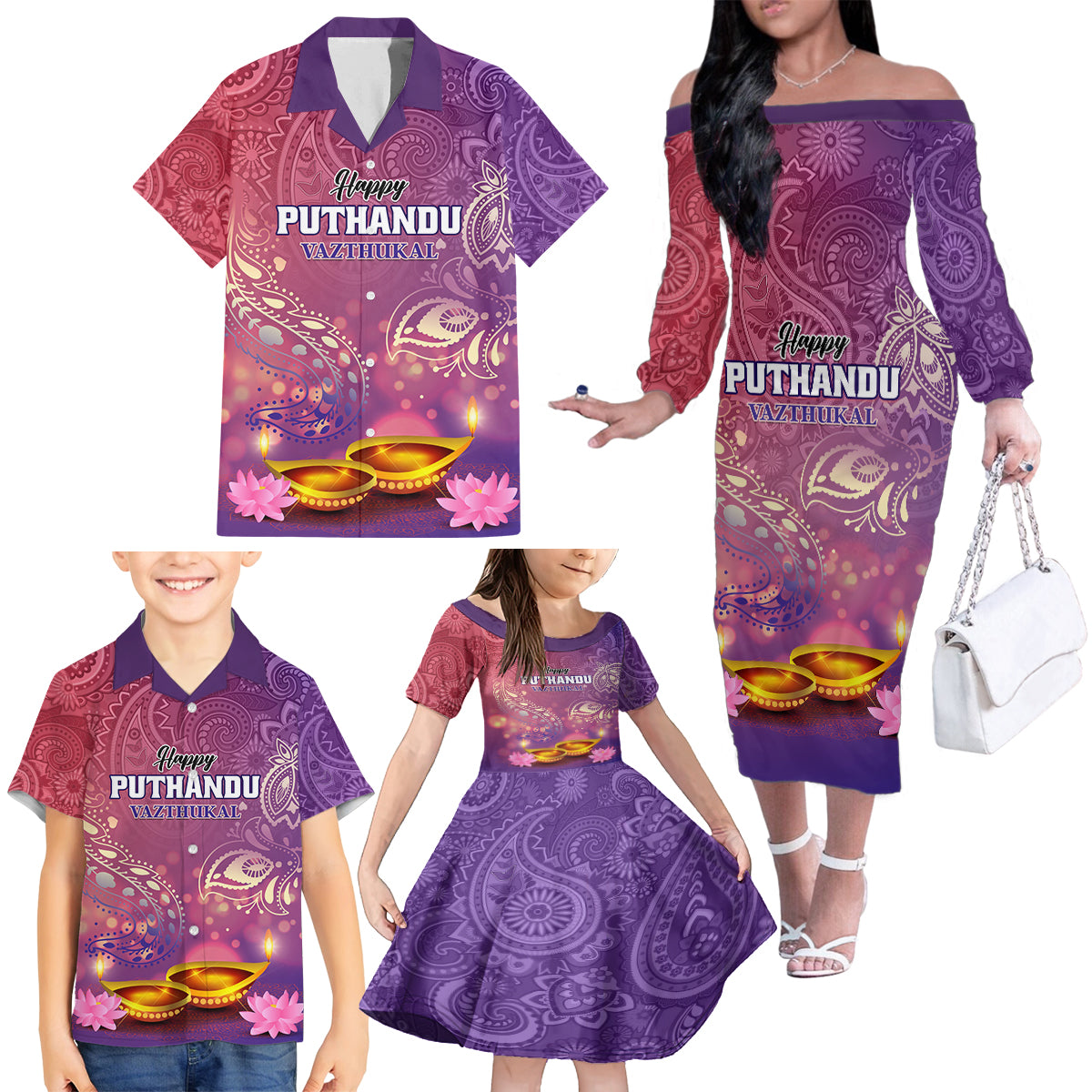 Puthandu Vazthukal 2024 Family Matching Off The Shoulder Long Sleeve Dress and Hawaiian Shirt Happy Tamil New Year - Wonder Print Shop