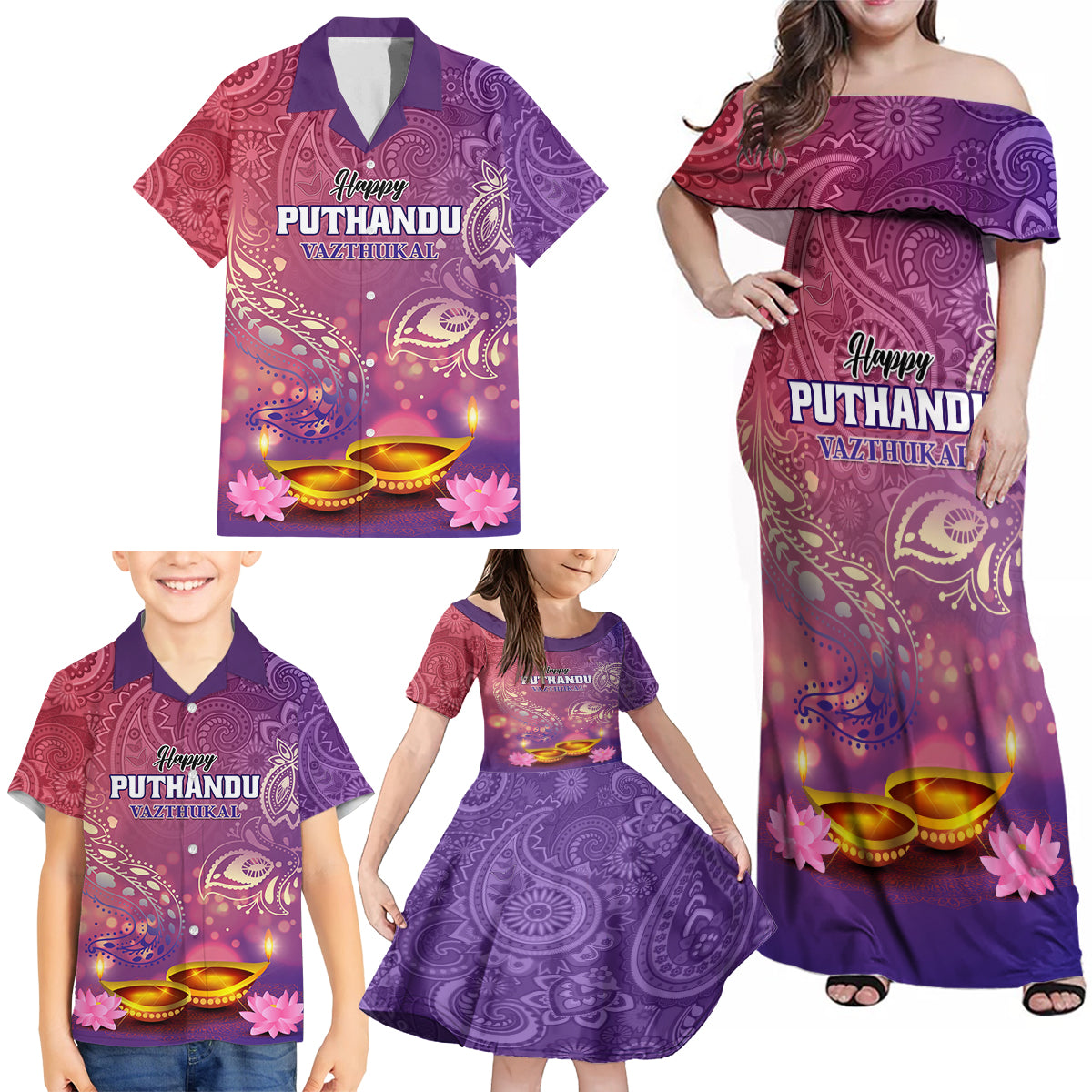 Puthandu Vazthukal 2024 Family Matching Off Shoulder Maxi Dress and Hawaiian Shirt Happy Tamil New Year - Wonder Print Shop