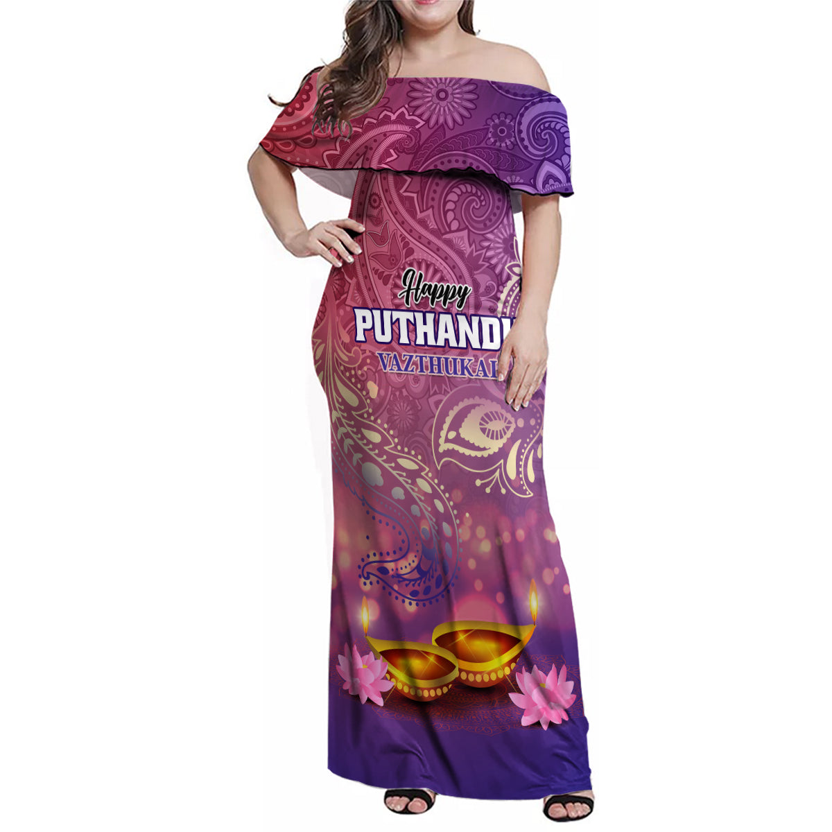 Puthandu Vazthukal 2024 Family Matching Off Shoulder Maxi Dress and Hawaiian Shirt Happy Tamil New Year - Wonder Print Shop