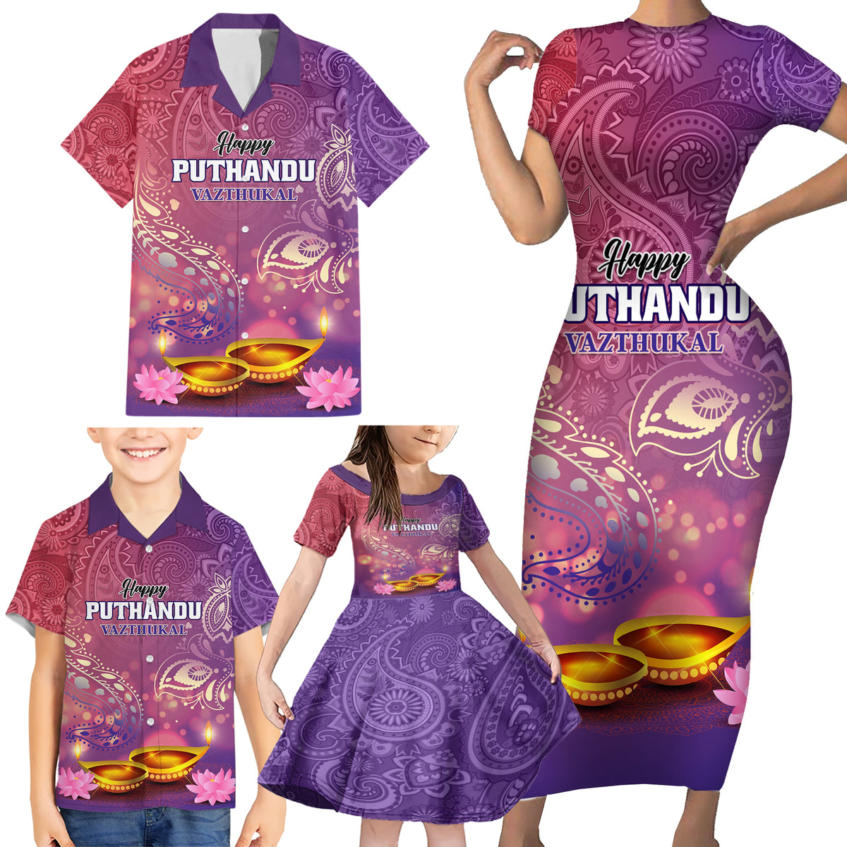 Puthandu Vazthukal 2024 Family Matching Short Sleeve Bodycon Dress and Hawaiian Shirt Happy Tamil New Year - Wonder Print Shop