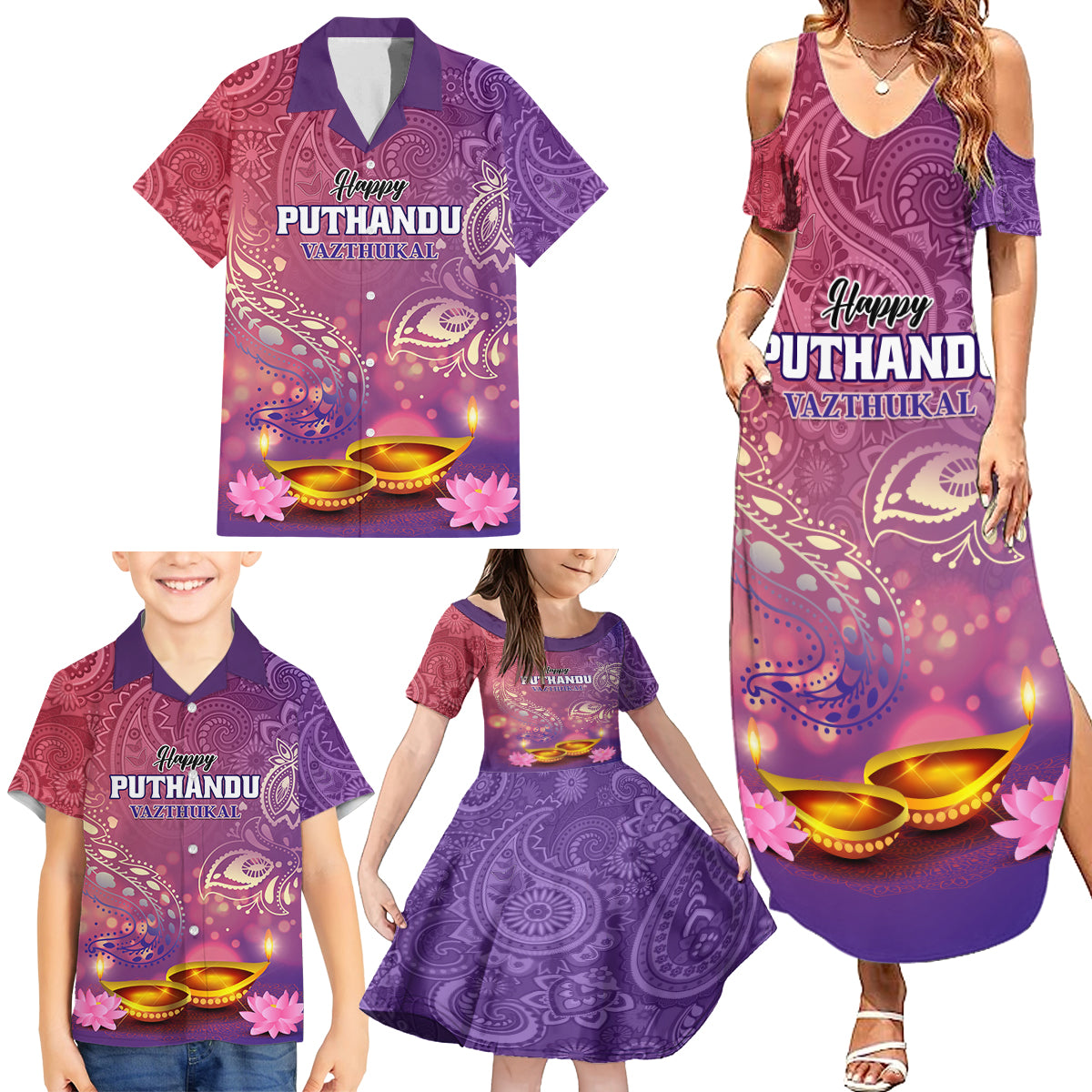 Puthandu Vazthukal 2024 Family Matching Summer Maxi Dress and Hawaiian Shirt Happy Tamil New Year - Wonder Print Shop