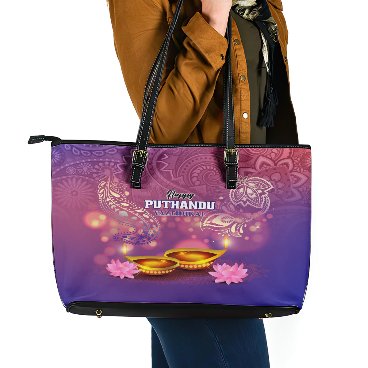 Puthandu Vazthukal 2024 Leather Tote Bag Happy Tamil New Year - Wonder Print Shop