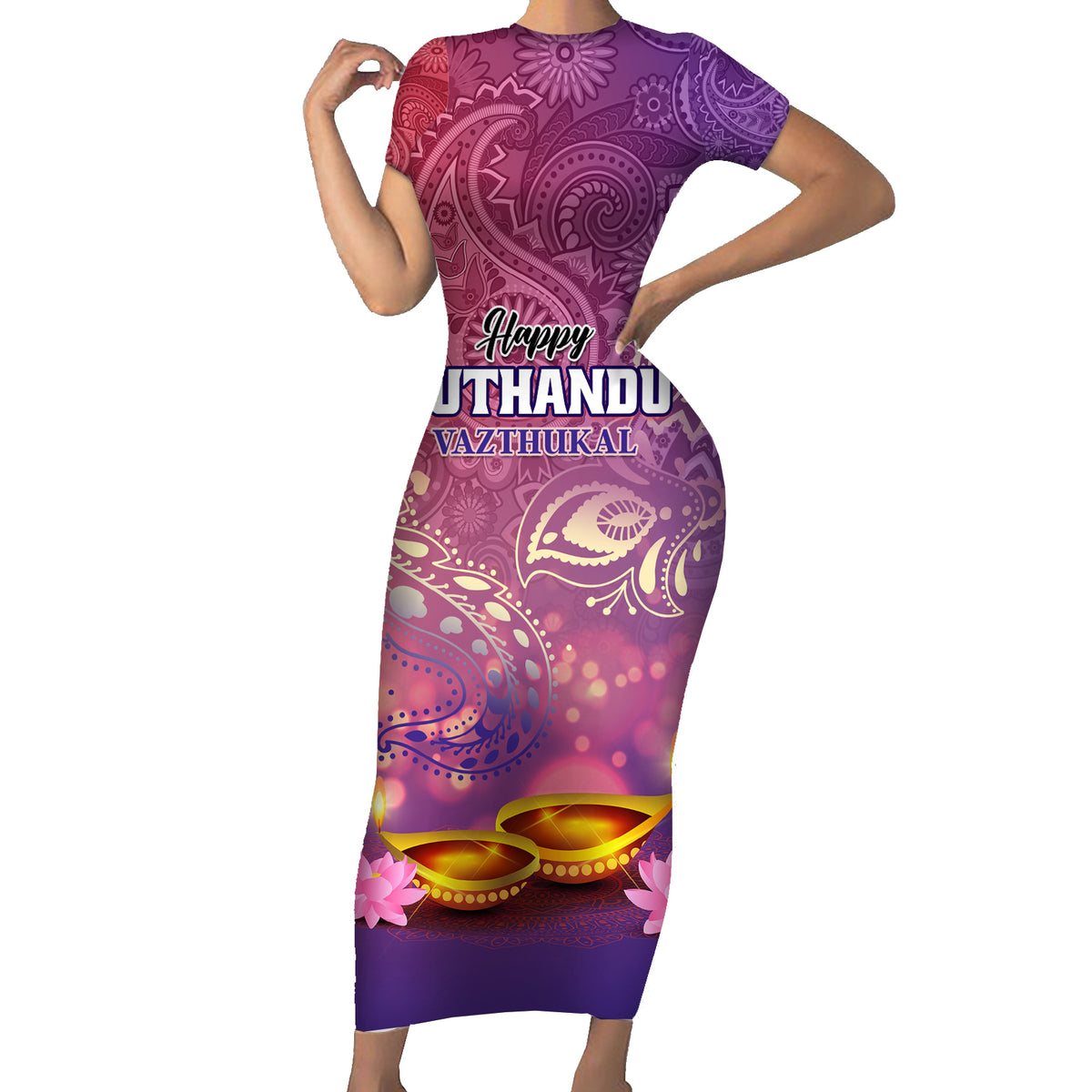 Puthandu Vazthukal 2024 Short Sleeve Bodycon Dress Happy Tamil New Year - Wonder Print Shop