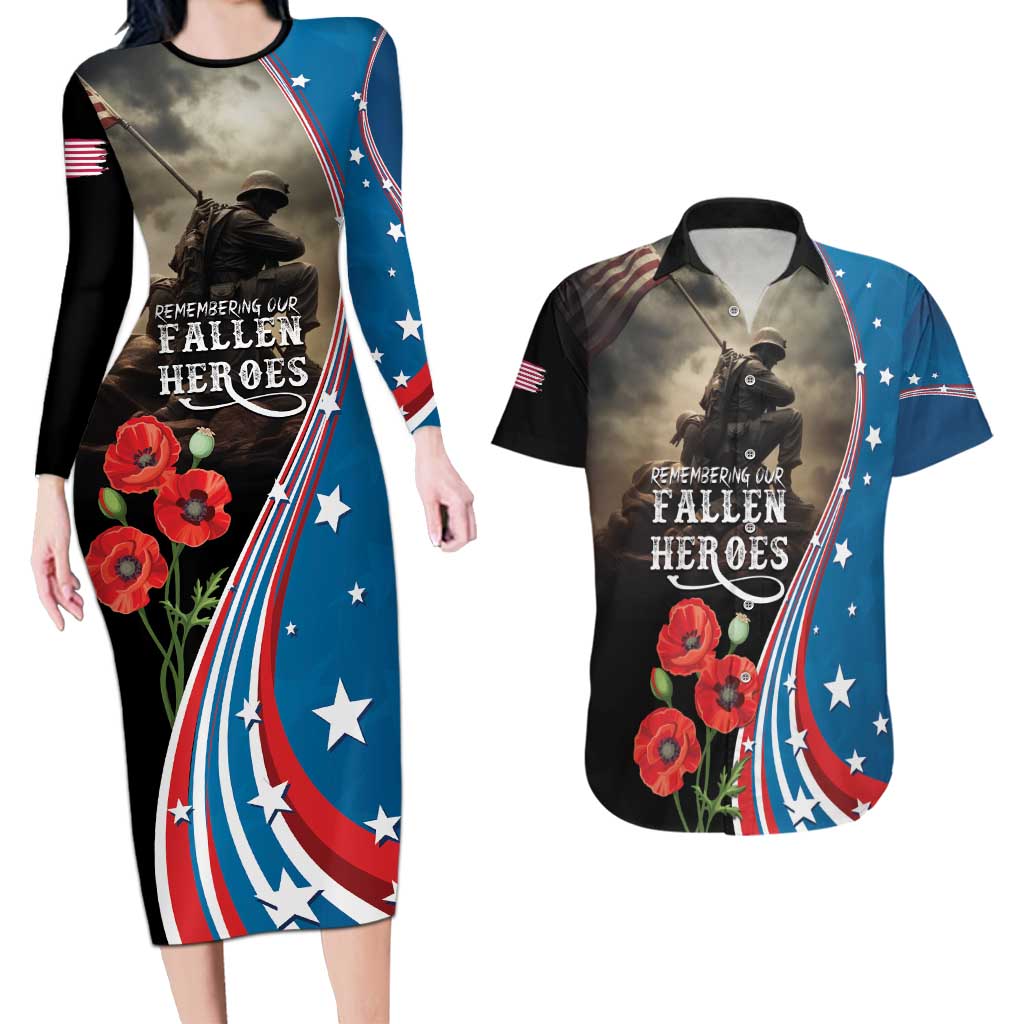 US Memorial Day 2025 Couples Matching Long Sleeve Bodycon Dress and Hawaiian Shirt Remembering Our Fallen Heroes