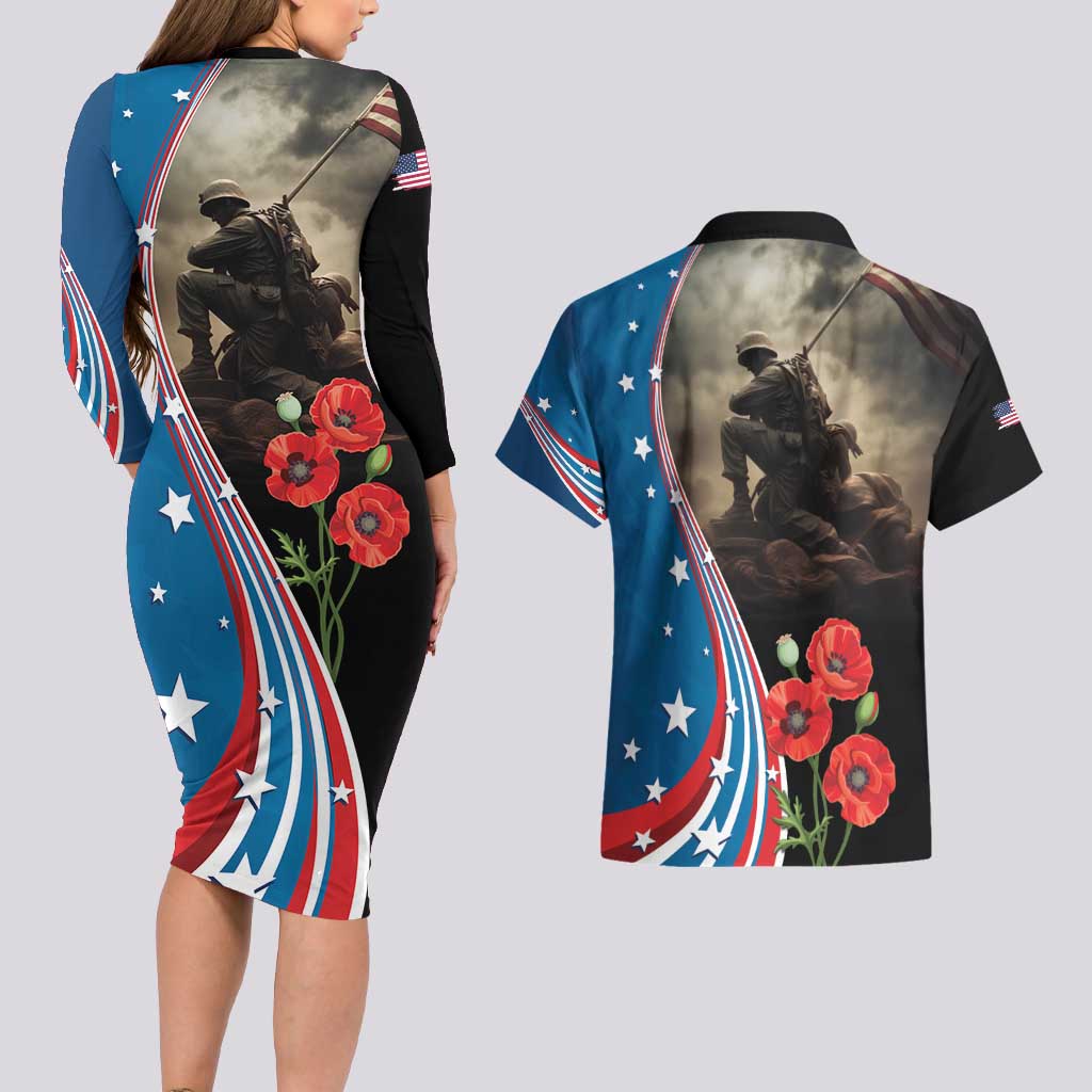 US Memorial Day 2025 Couples Matching Long Sleeve Bodycon Dress and Hawaiian Shirt Remembering Our Fallen Heroes