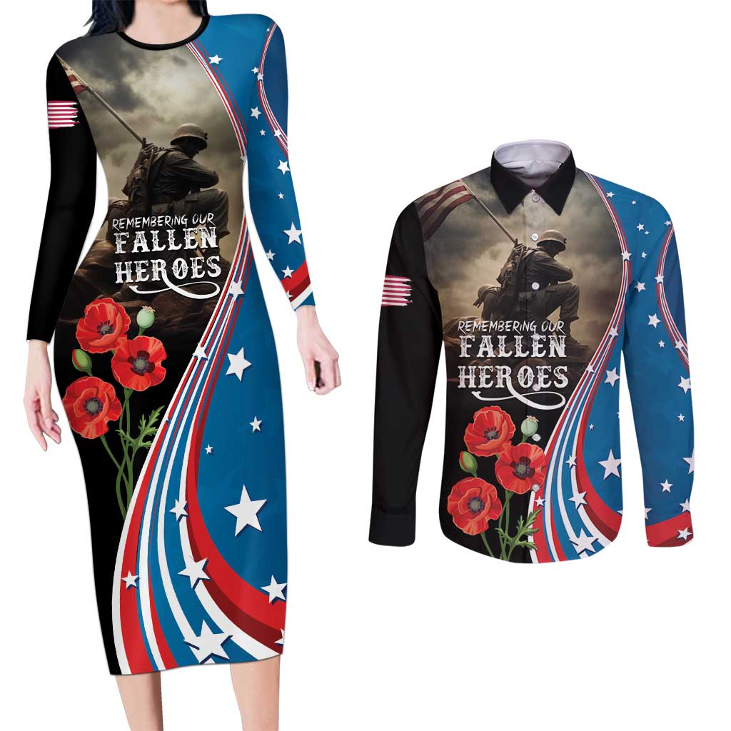 US Memorial Day 2025 Couples Matching Long Sleeve Bodycon Dress and Long Sleeve Button Shirt Remembering Our Fallen Heroes
