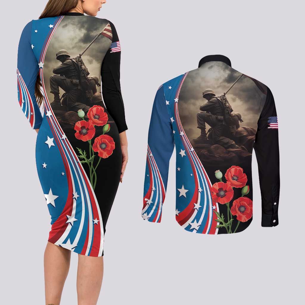 US Memorial Day 2025 Couples Matching Long Sleeve Bodycon Dress and Long Sleeve Button Shirt Remembering Our Fallen Heroes