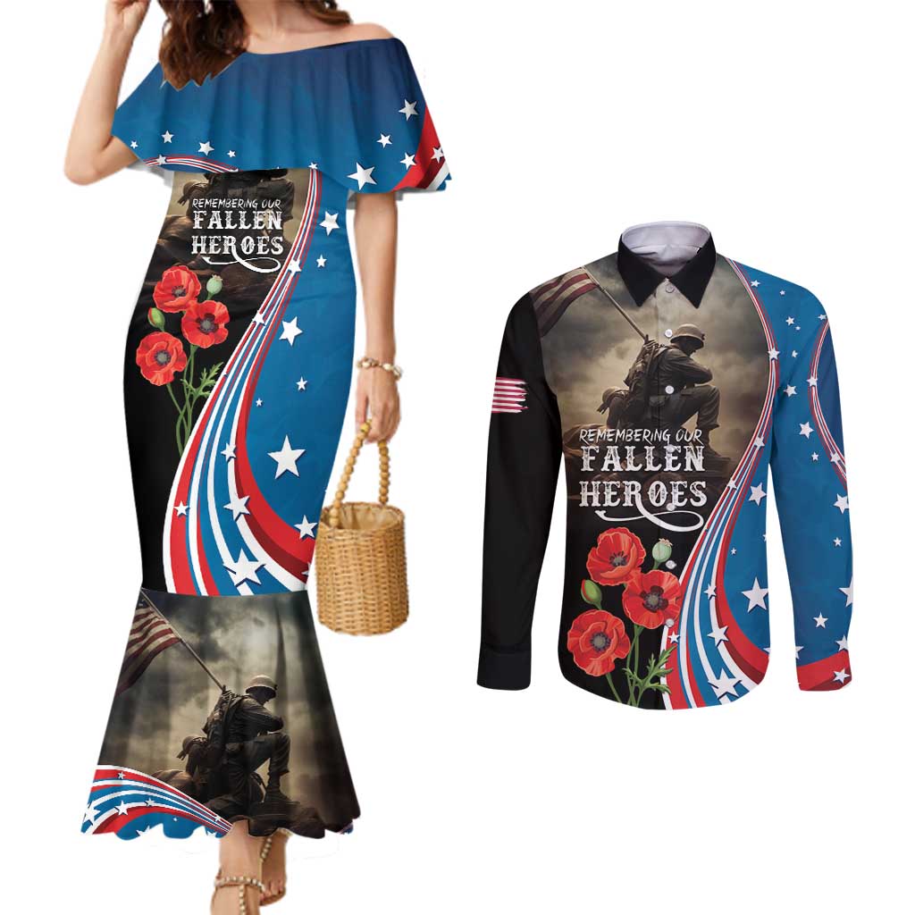 US Memorial Day 2025 Couples Matching Mermaid Dress and Long Sleeve Button Shirt Remembering Our Fallen Heroes