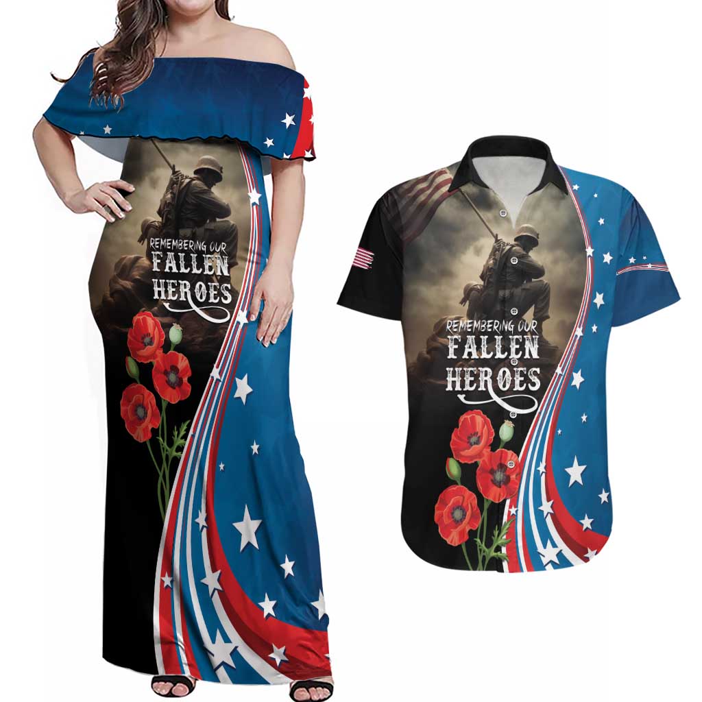 US Memorial Day 2025 Couples Matching Off Shoulder Maxi Dress and Hawaiian Shirt Remembering Our Fallen Heroes