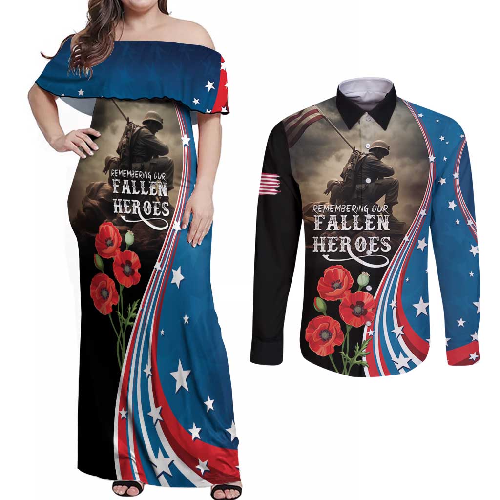 US Memorial Day 2025 Couples Matching Off Shoulder Maxi Dress and Long Sleeve Button Shirt Remembering Our Fallen Heroes