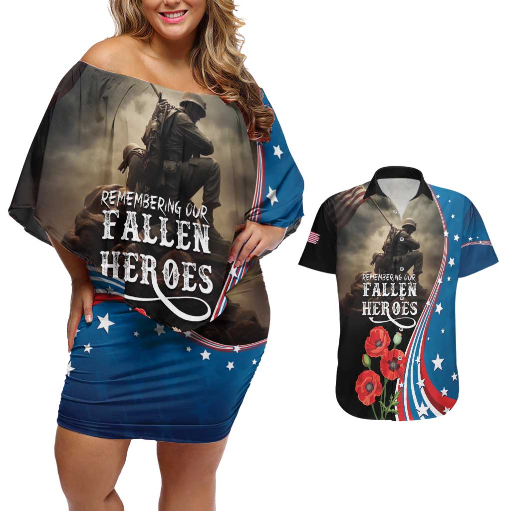 US Memorial Day 2025 Couples Matching Off Shoulder Short Dress and Hawaiian Shirt Remembering Our Fallen Heroes
