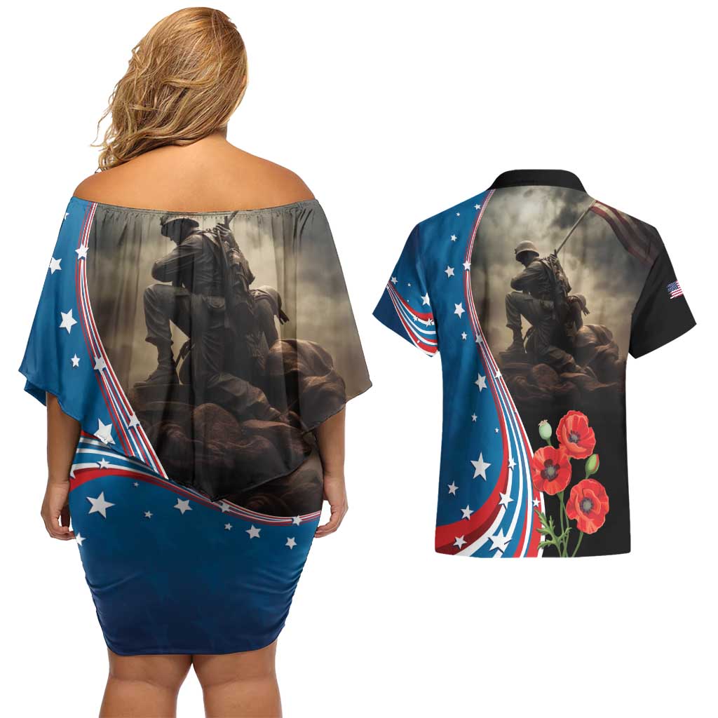 US Memorial Day 2025 Couples Matching Off Shoulder Short Dress and Hawaiian Shirt Remembering Our Fallen Heroes