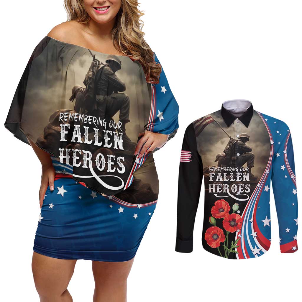 US Memorial Day 2025 Couples Matching Off Shoulder Short Dress and Long Sleeve Button Shirt Remembering Our Fallen Heroes