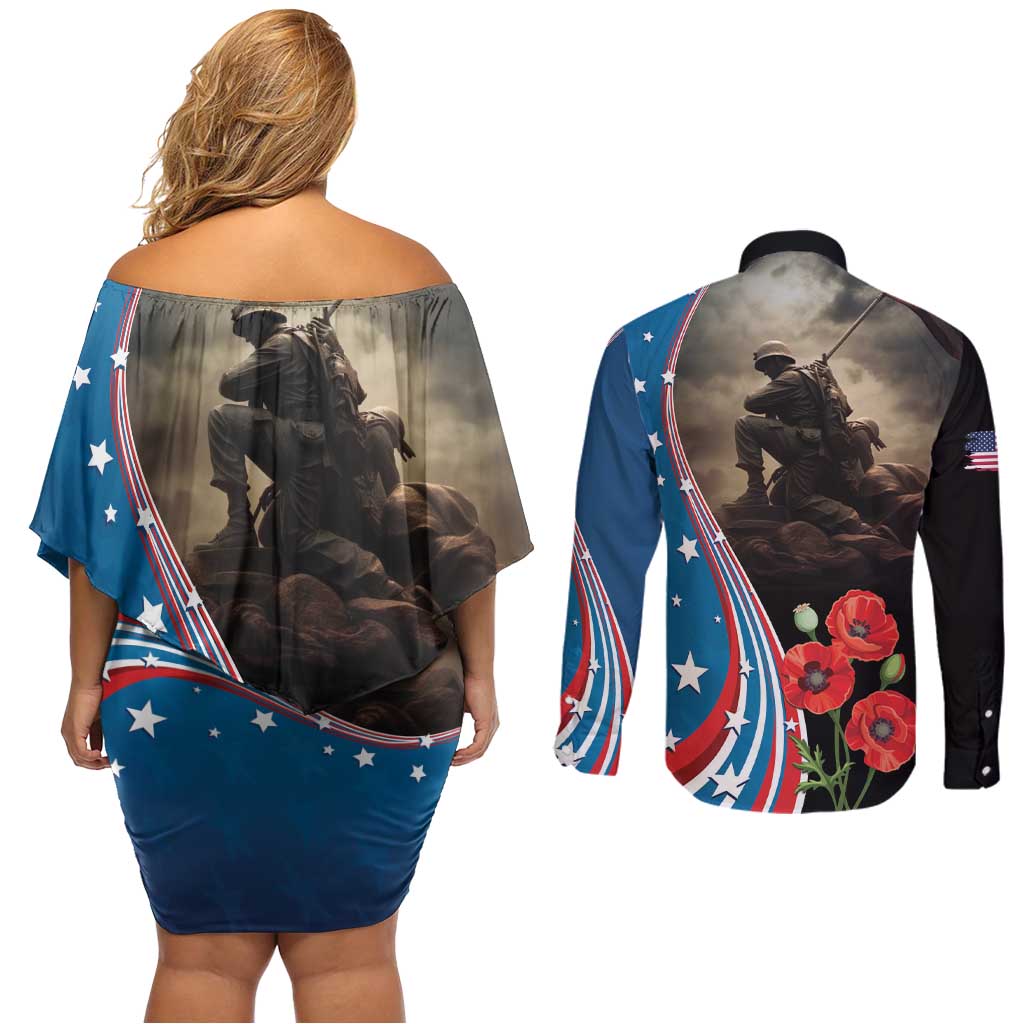 US Memorial Day 2025 Couples Matching Off Shoulder Short Dress and Long Sleeve Button Shirt Remembering Our Fallen Heroes