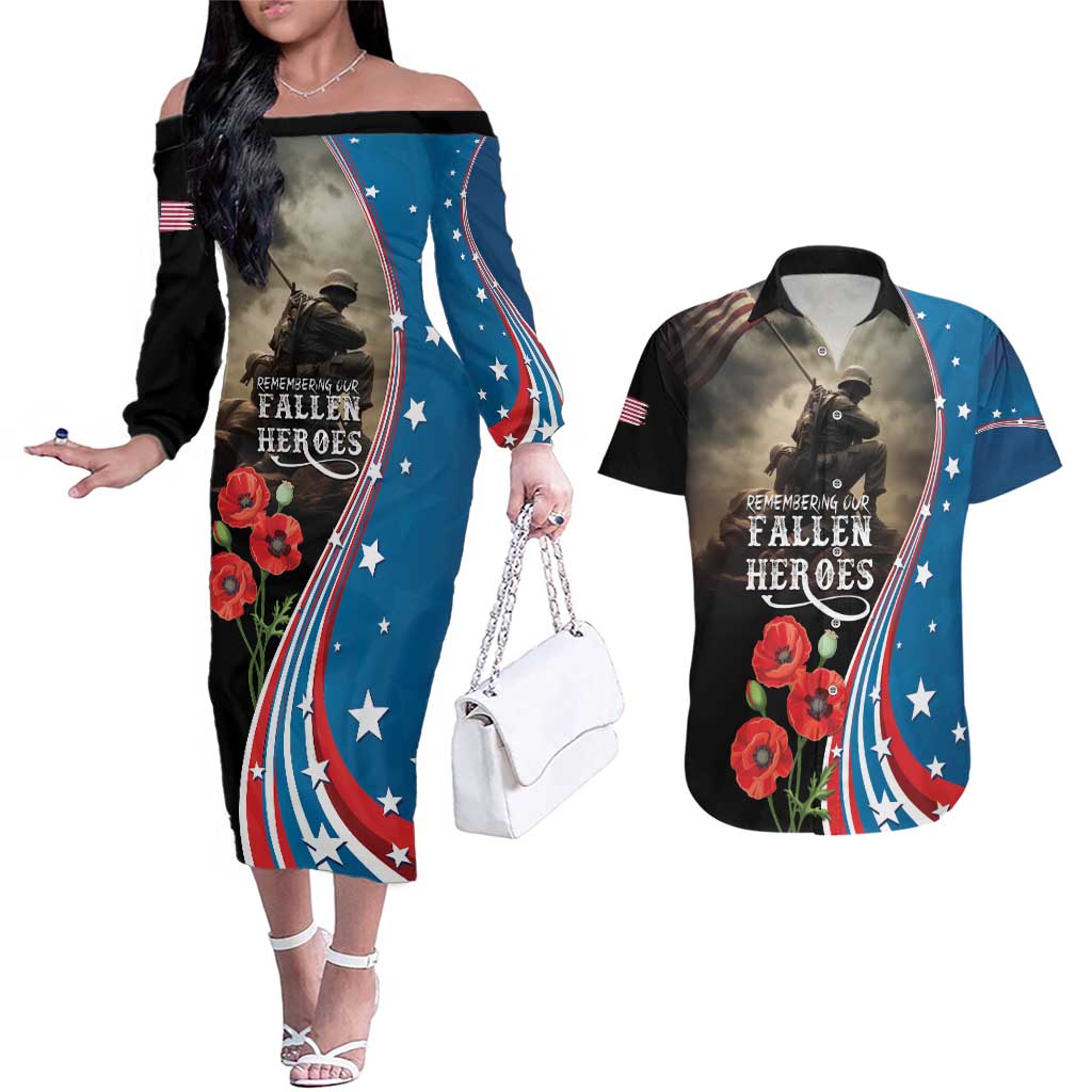 US Memorial Day 2025 Couples Matching Off The Shoulder Long Sleeve Dress and Hawaiian Shirt Remembering Our Fallen Heroes
