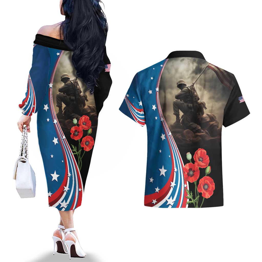 US Memorial Day 2025 Couples Matching Off The Shoulder Long Sleeve Dress and Hawaiian Shirt Remembering Our Fallen Heroes