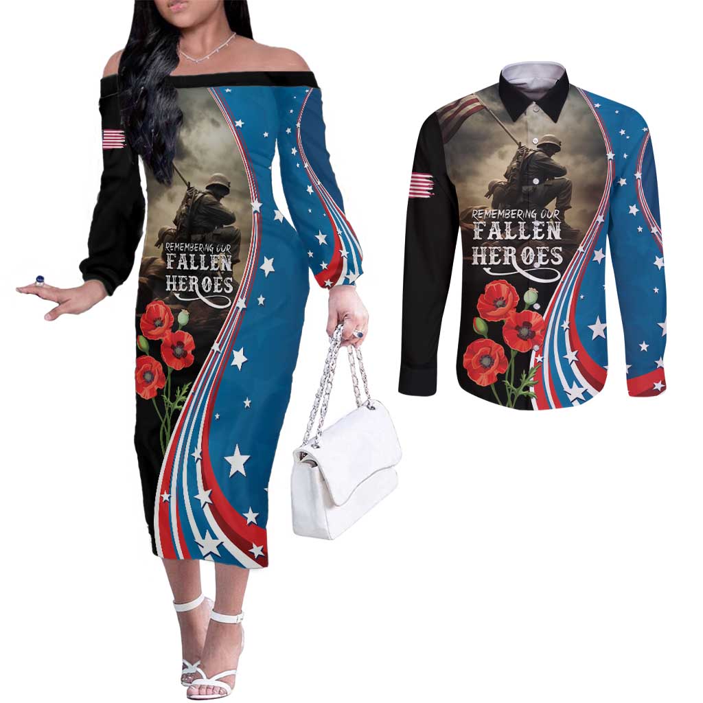 US Memorial Day 2025 Couples Matching Off The Shoulder Long Sleeve Dress and Long Sleeve Button Shirt Remembering Our Fallen Heroes