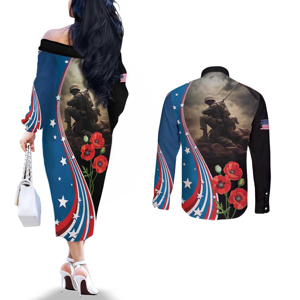 US Memorial Day 2025 Couples Matching Off The Shoulder Long Sleeve Dress and Long Sleeve Button Shirt Remembering Our Fallen Heroes