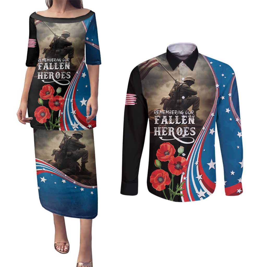 US Memorial Day 2025 Couples Matching Puletasi and Long Sleeve Button Shirt Remembering Our Fallen Heroes
