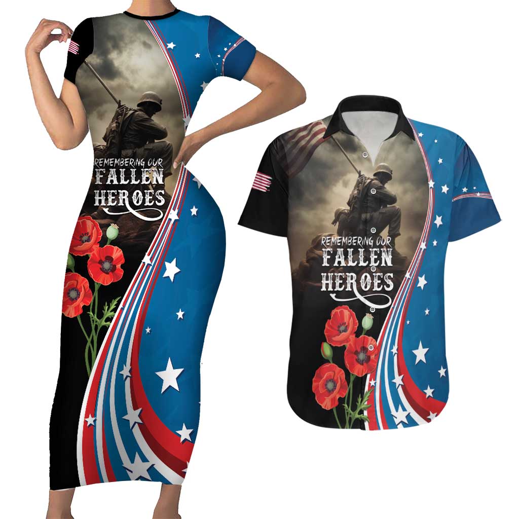 US Memorial Day 2025 Couples Matching Short Sleeve Bodycon Dress and Hawaiian Shirt Remembering Our Fallen Heroes