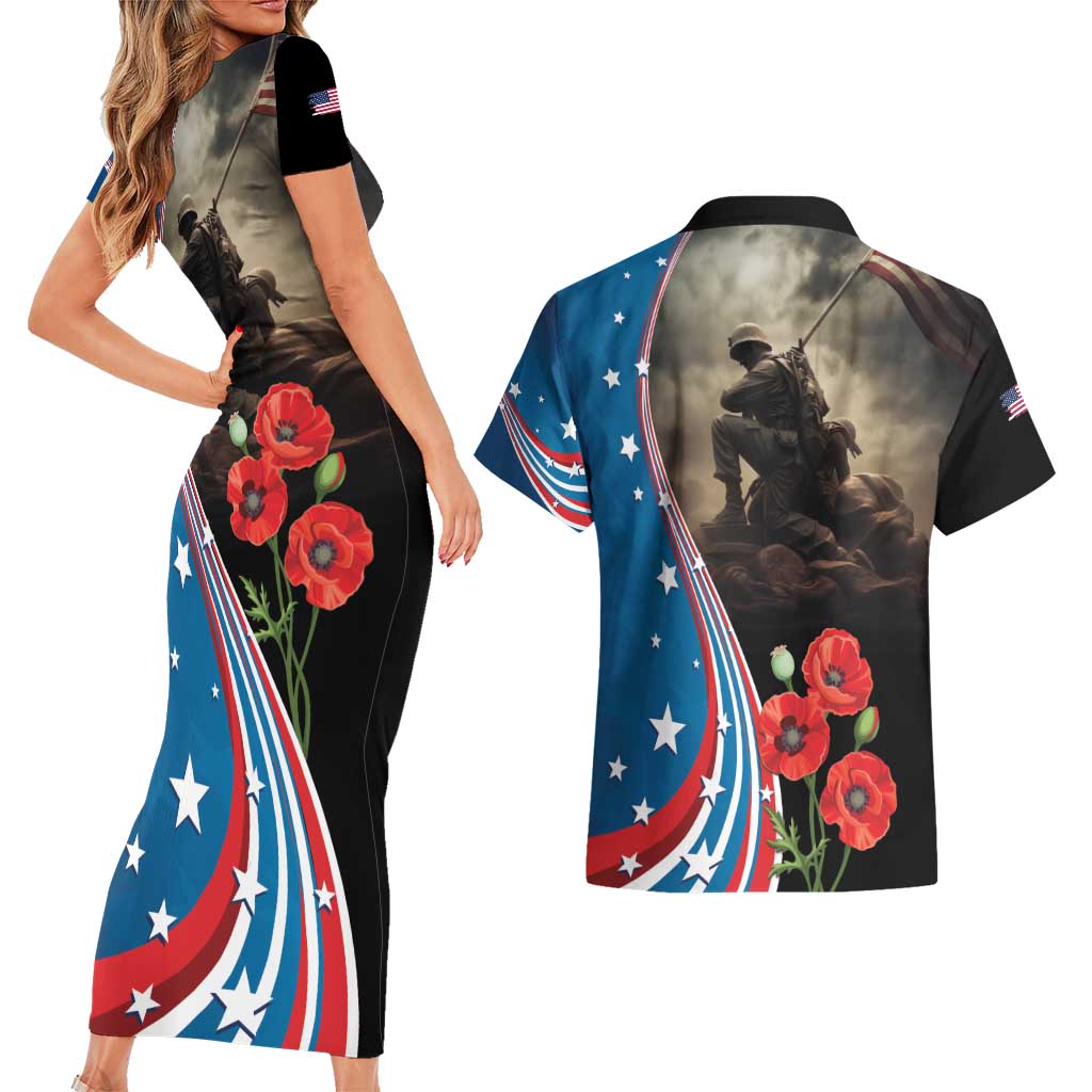 US Memorial Day 2025 Couples Matching Short Sleeve Bodycon Dress and Hawaiian Shirt Remembering Our Fallen Heroes