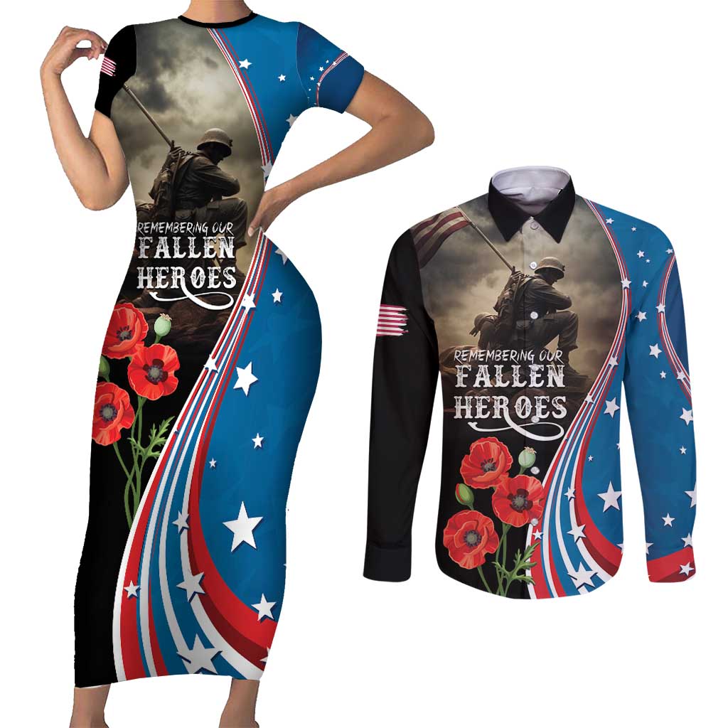 US Memorial Day 2025 Couples Matching Short Sleeve Bodycon Dress and Long Sleeve Button Shirt Remembering Our Fallen Heroes