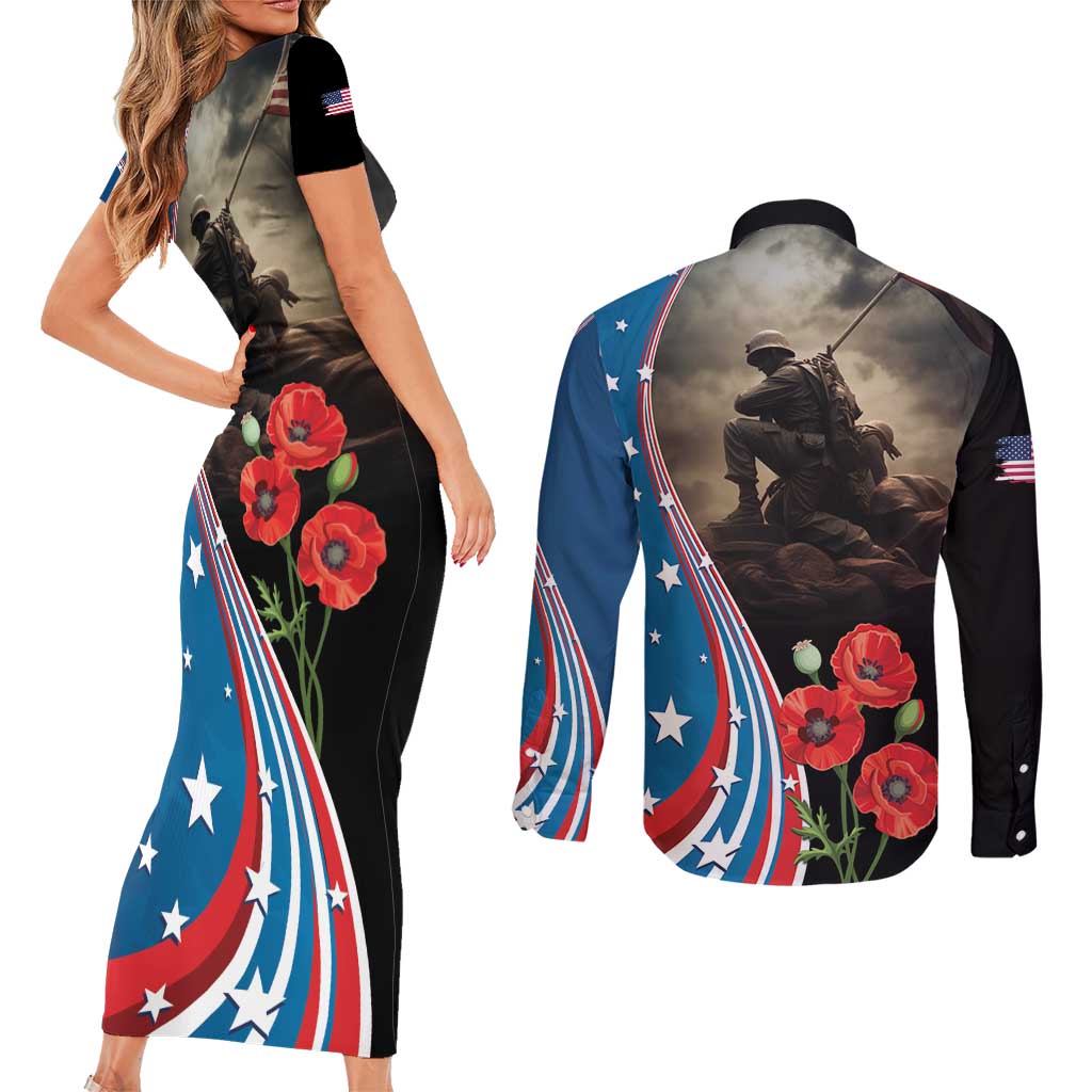 US Memorial Day 2025 Couples Matching Short Sleeve Bodycon Dress and Long Sleeve Button Shirt Remembering Our Fallen Heroes