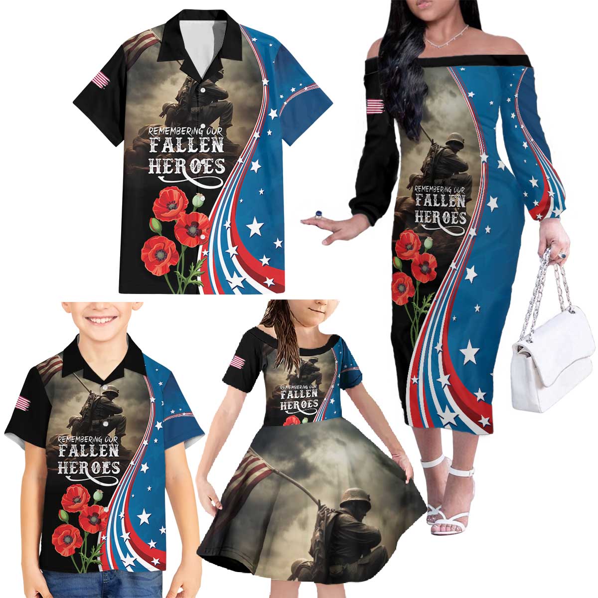 US Memorial Day 2025 Family Matching Off The Shoulder Long Sleeve Dress and Hawaiian Shirt Remembering Our Fallen Heroes