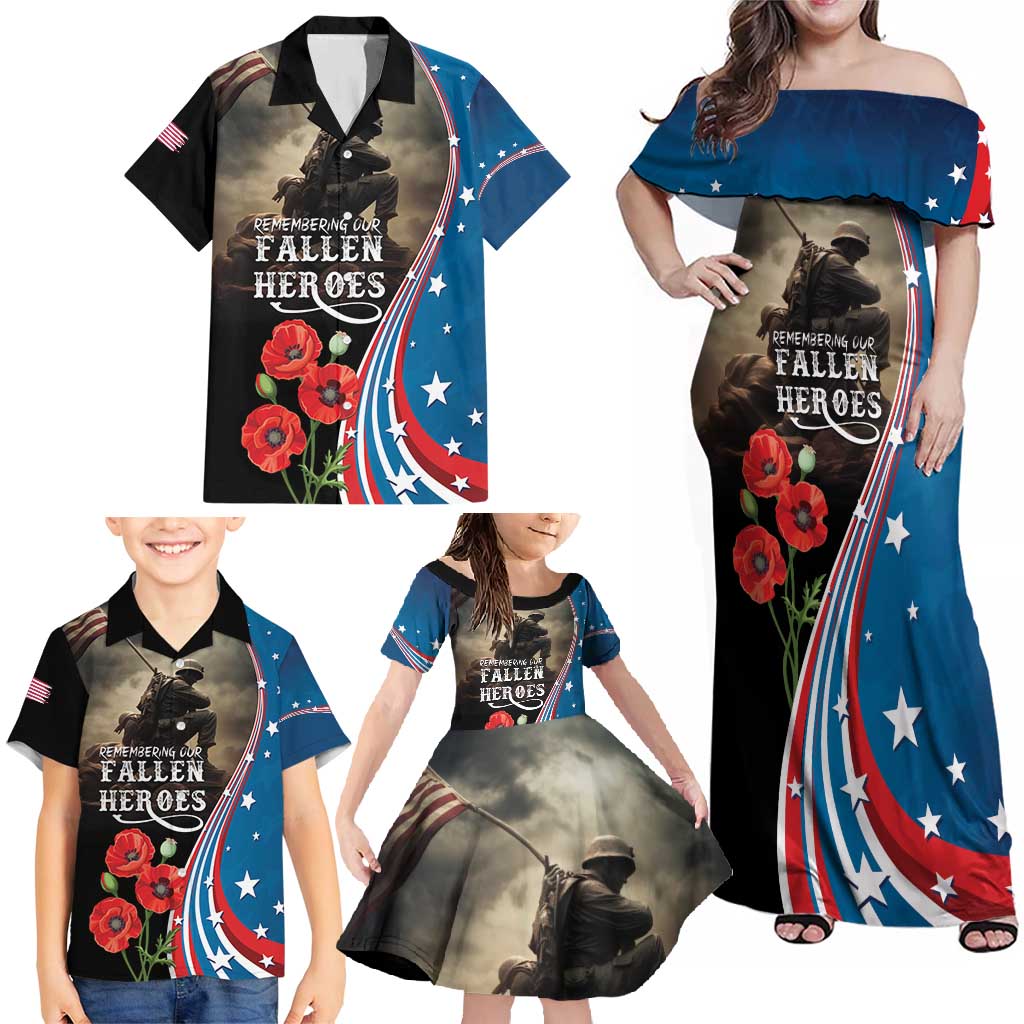 US Memorial Day 2025 Family Matching Off Shoulder Maxi Dress and Hawaiian Shirt Remembering Our Fallen Heroes