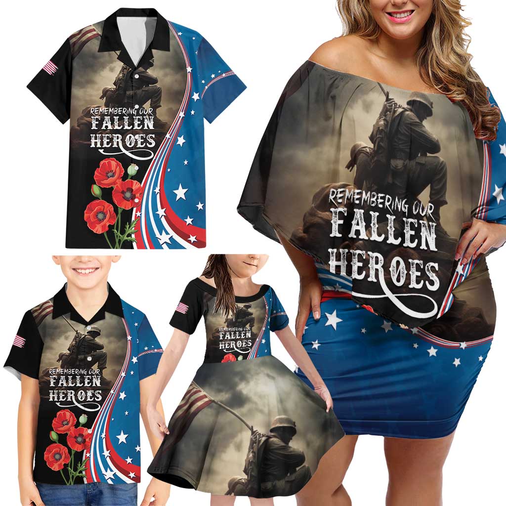 US Memorial Day 2025 Family Matching Off Shoulder Short Dress and Hawaiian Shirt Remembering Our Fallen Heroes