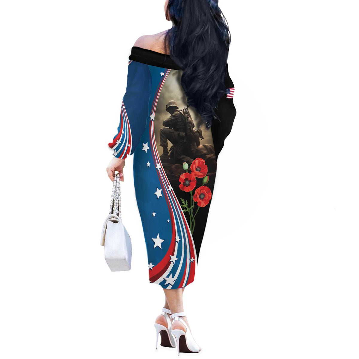 US Memorial Day 2025 Off The Shoulder Long Sleeve Dress Remembering Our Fallen Heroes