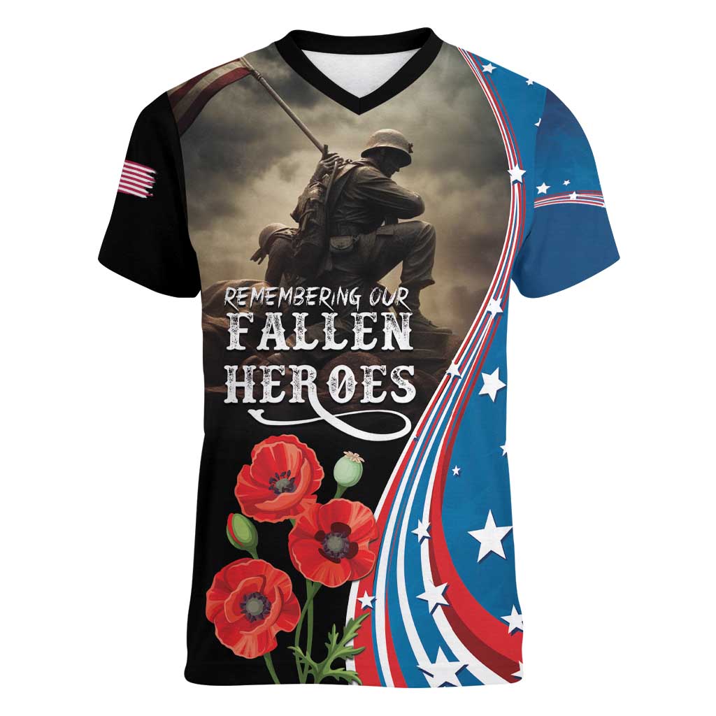 US Memorial Day 2025 Women V-Neck T-Shirt Remembering Our Fallen Heroes