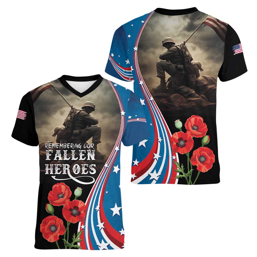 US Memorial Day 2025 Women V-Neck T-Shirt Remembering Our Fallen Heroes