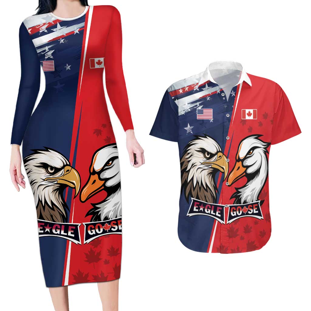 Personalized Canada Goose x USA Band Eagle Faced Off Couples Matching Long Sleeve Bodycon Dress and Hawaiian Shirt