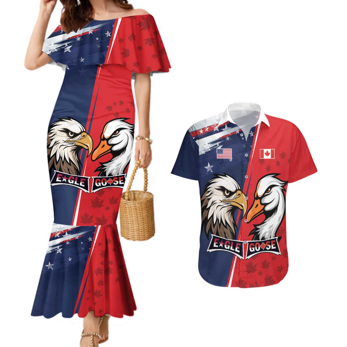Personalized Canada Goose x USA Band Eagle Faced Off Couples Matching Mermaid Dress and Hawaiian Shirt