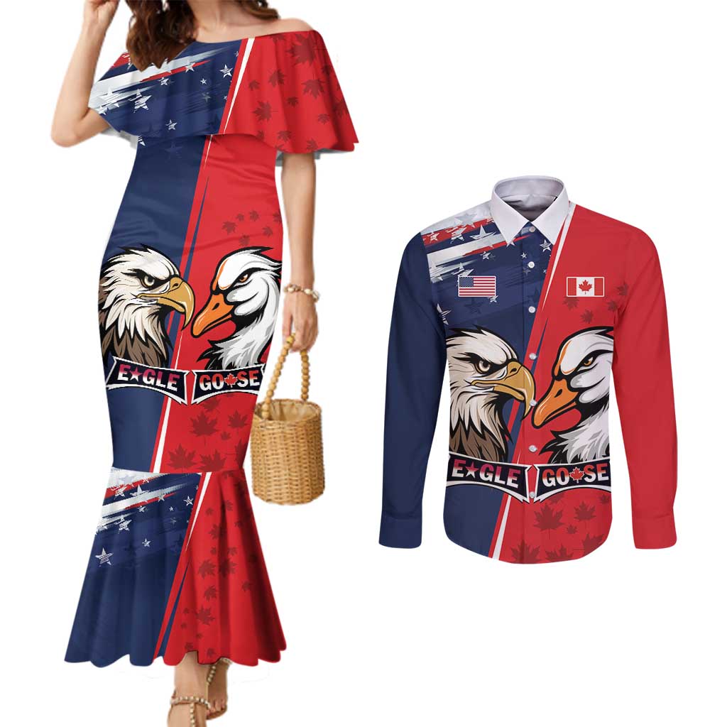 Personalized Canada Goose x USA Band Eagle Faced Off Couples Matching Mermaid Dress and Long Sleeve Button Shirt