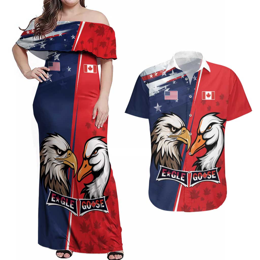 Personalized Canada Goose x USA Band Eagle Faced Off Couples Matching Off Shoulder Maxi Dress and Hawaiian Shirt
