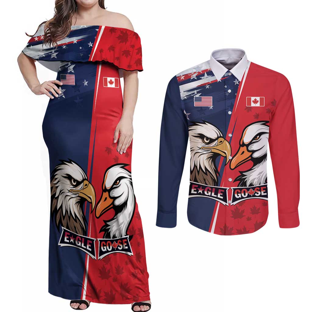 Personalized Canada Goose x USA Band Eagle Faced Off Couples Matching Off Shoulder Maxi Dress and Long Sleeve Button Shirt