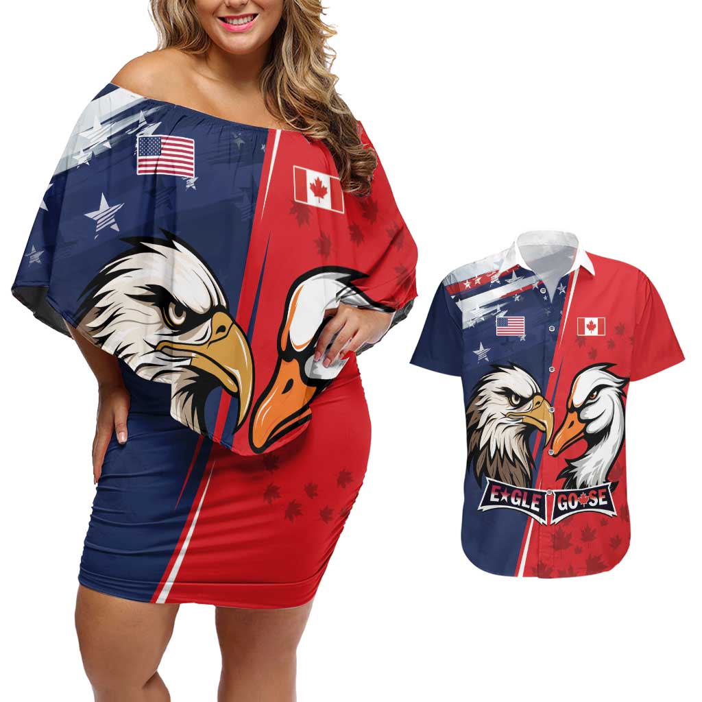 Personalized Canada Goose x USA Band Eagle Faced Off Couples Matching Off Shoulder Short Dress and Hawaiian Shirt