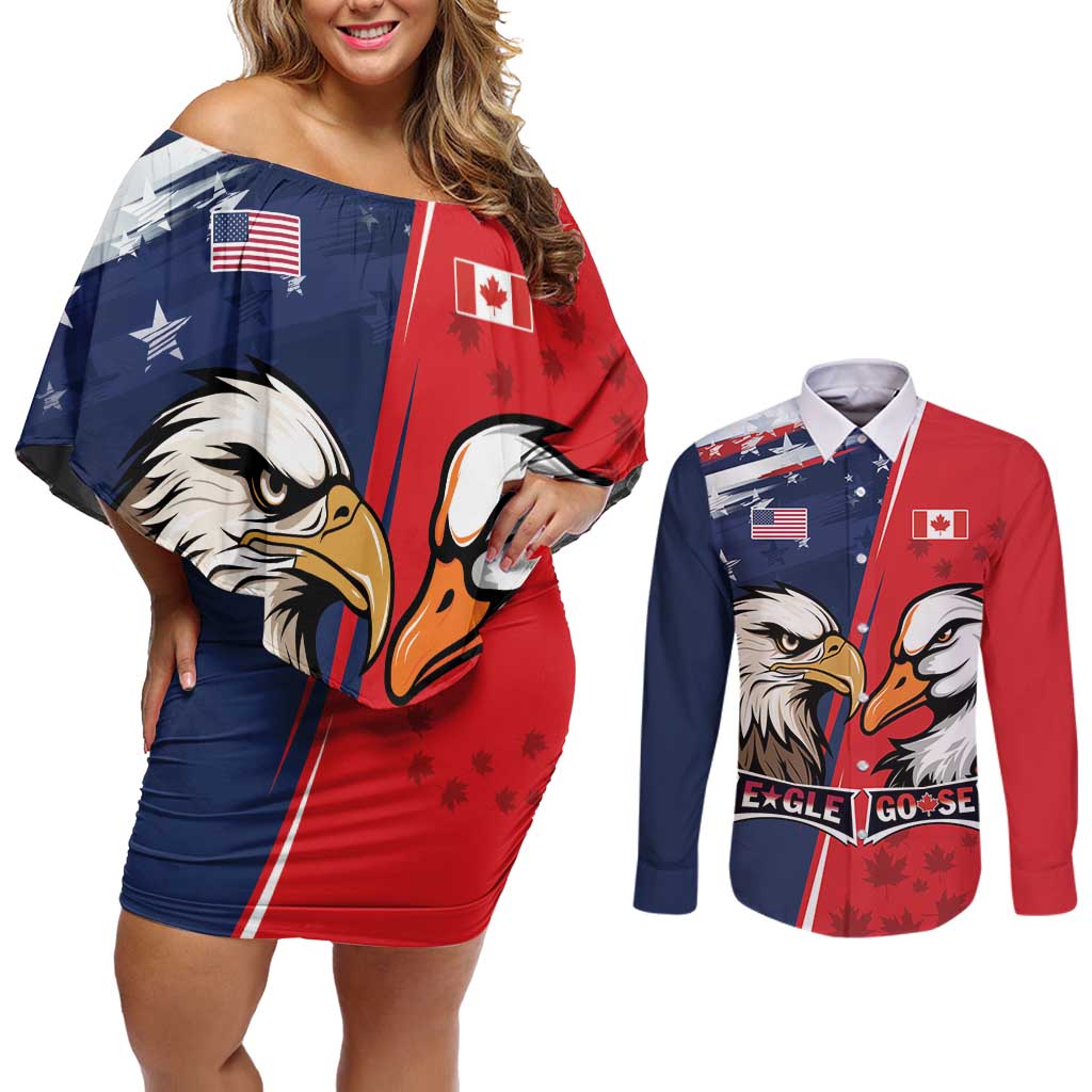 Personalized Canada Goose x USA Band Eagle Faced Off Couples Matching Off Shoulder Short Dress and Long Sleeve Button Shirt