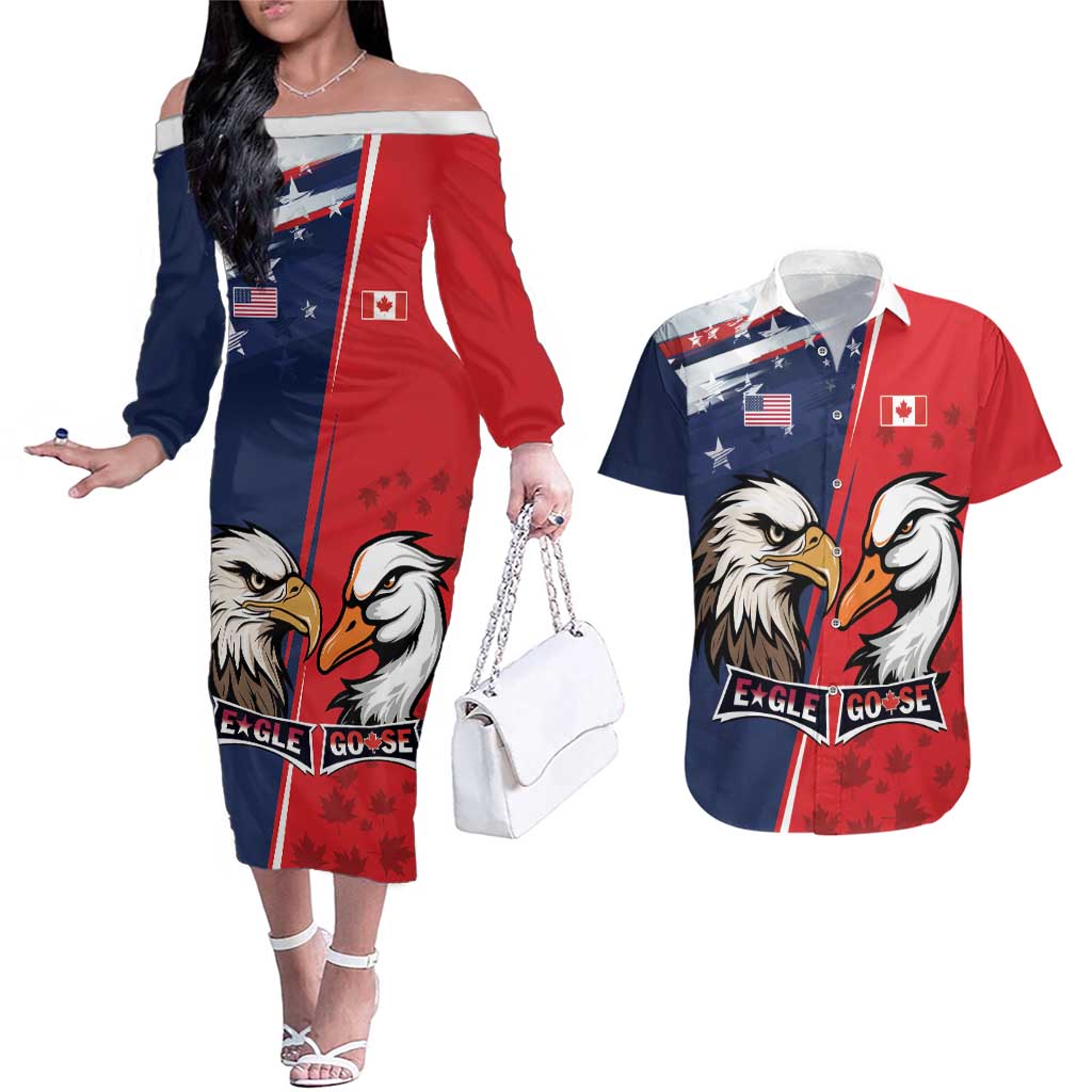 Personalized Canada Goose x USA Band Eagle Faced Off Couples Matching Off The Shoulder Long Sleeve Dress and Hawaiian Shirt